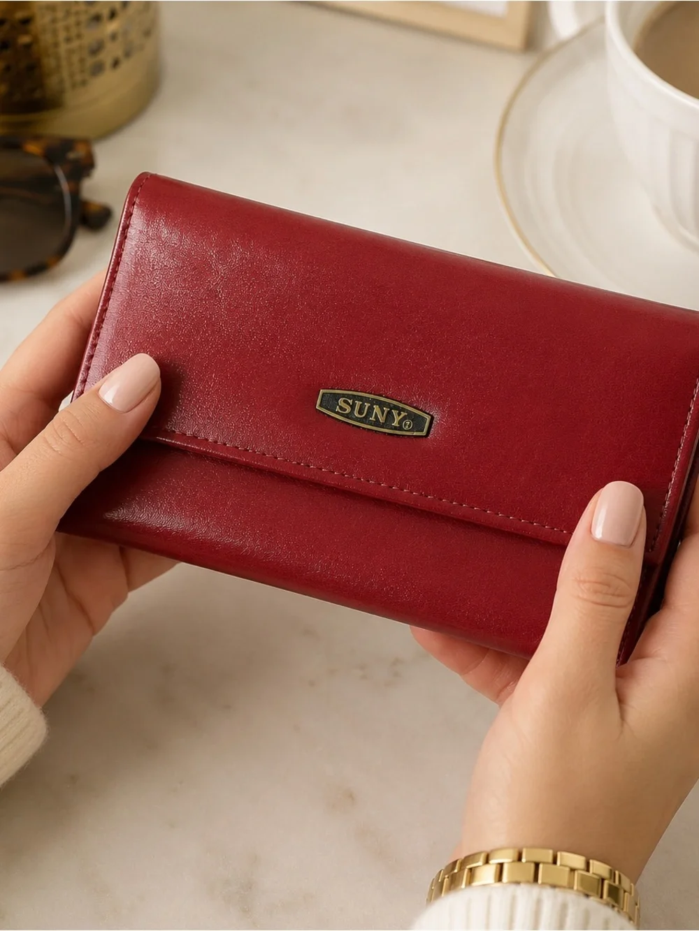 Red SUNY Vintage-Style Wallet – Snap Closure & Zipper Pocket